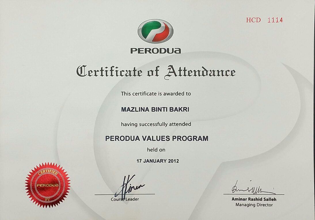 Certificate  Perodua Dealer By Mazlina Bakri