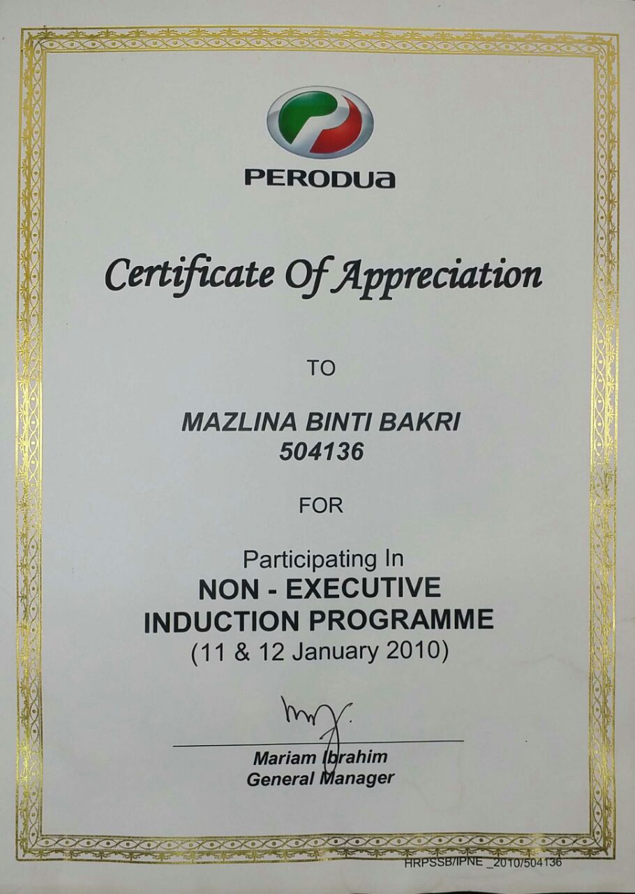 Certificate  Perodua Dealer By Mazlina Bakri